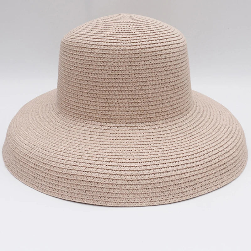 HT2303 2023 New Summer Sun Hats Ladies Solid Plain Elegant Wide Brim Hat Female Round Top Panama Floppy Straw Beach Hat Women