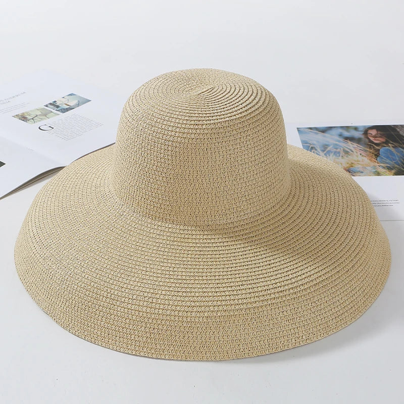 HT2303 2023 New Summer Sun Hats Ladies Solid Plain Elegant Wide Brim Hat Female Round Top Panama Floppy Straw Beach Hat Women