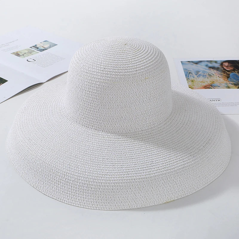 HT2303 2023 New Summer Sun Hats Ladies Solid Plain Elegant Wide Brim Hat Female Round Top Panama Floppy Straw Beach Hat Women