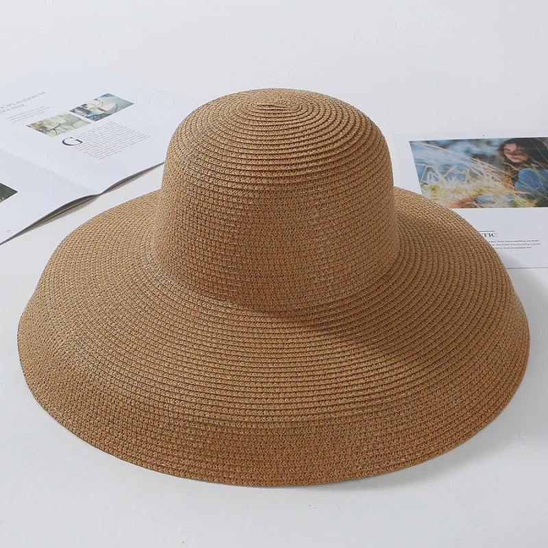 HT2303 2023 New Summer Sun Hats Ladies Solid Plain Elegant Wide Brim Hat Female Round Top Panama Floppy Straw Beach Hat Women