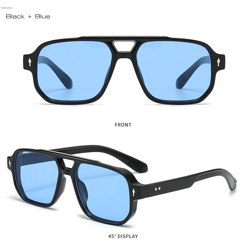 SO&EI Vintage Double Bridges Men Square Sunglasses Fashion Clear Ocean Lens Eyewear Women Trending Rivets Sun Glasses UV400