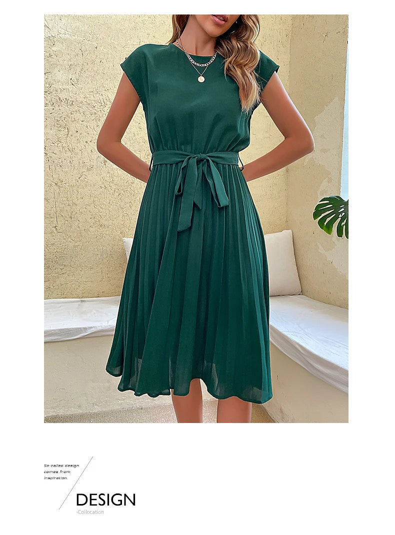 JIM & NORA Elegant Women Summer Casual Beach Sundress Short Sleeve Midi Dress Soild Colour O Neck Dresses Fashion