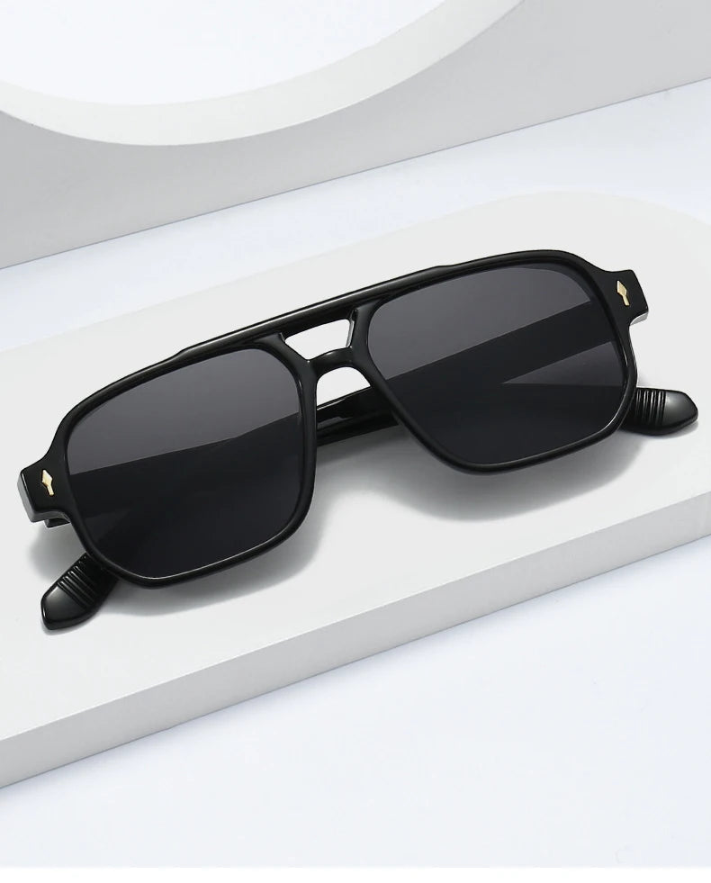 SO&EI Vintage Double Bridges Men Square Sunglasses Fashion Clear Ocean Lens Eyewear Women Trending Rivets Sun Glasses UV400