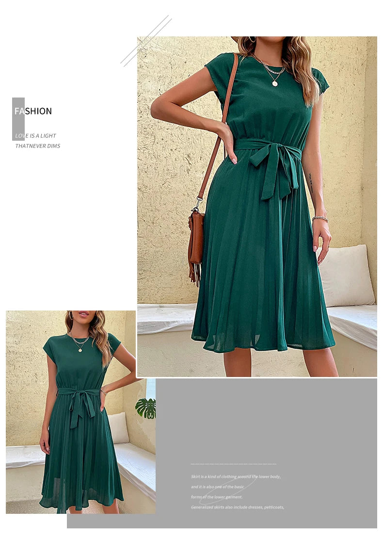JIM & NORA Elegant Women Summer Casual Beach Sundress Short Sleeve Midi Dress Soild Colour O Neck Dresses Fashion