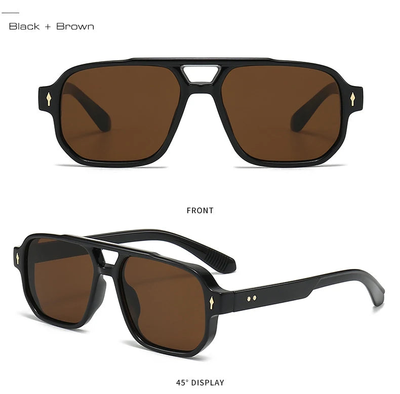 SO&EI Vintage Double Bridges Men Square Sunglasses Fashion Clear Ocean Lens Eyewear Women Trending Rivets Sun Glasses UV400
