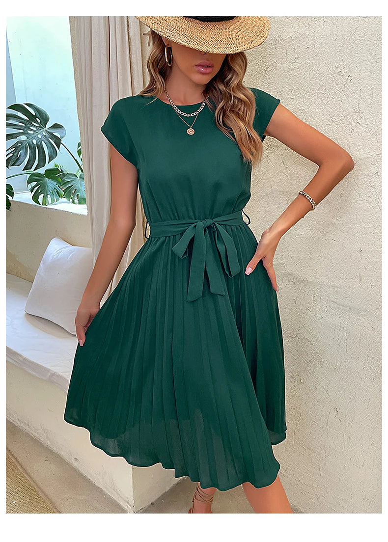 JIM & NORA Elegant Women Summer Casual Beach Sundress Short Sleeve Midi Dress Soild Colour O Neck Dresses Fashion