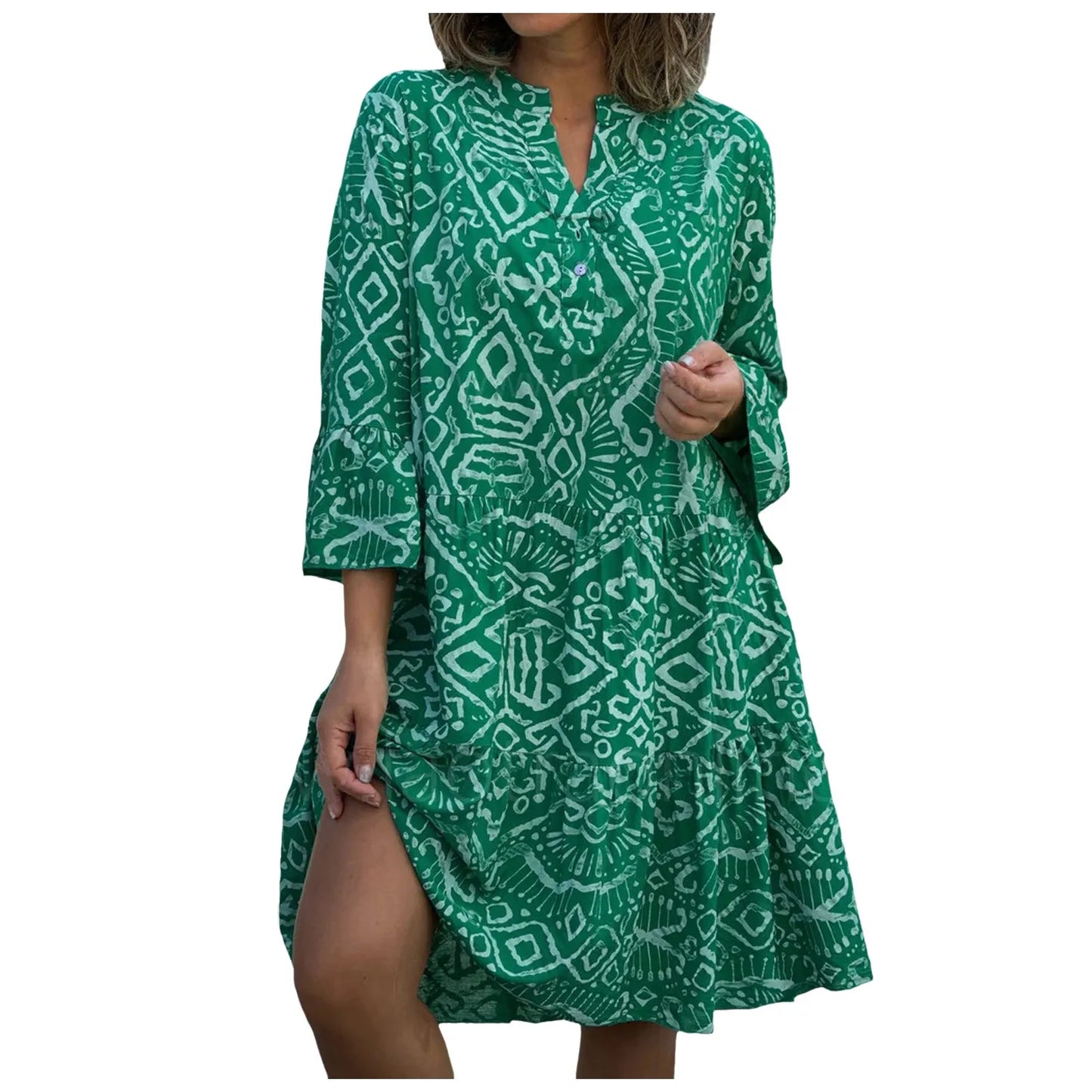 Women Floral Print Maxi Dress Fashion Casual V Neck Long Dress Plus Size Summer Boho Dress Ruffle Three Quarter Sleeves Dresses