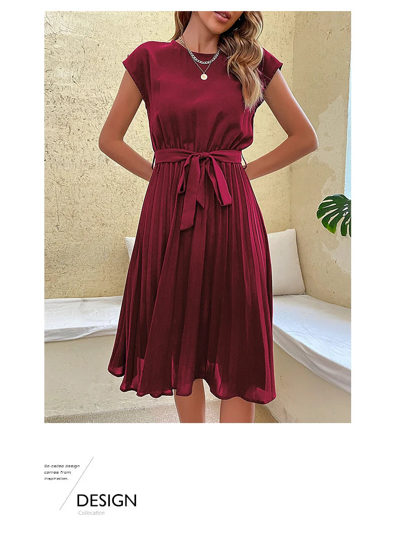 JIM & NORA Elegant Women Summer Casual Beach Sundress Short Sleeve Midi Dress Soild Colour O Neck Dresses Fashion