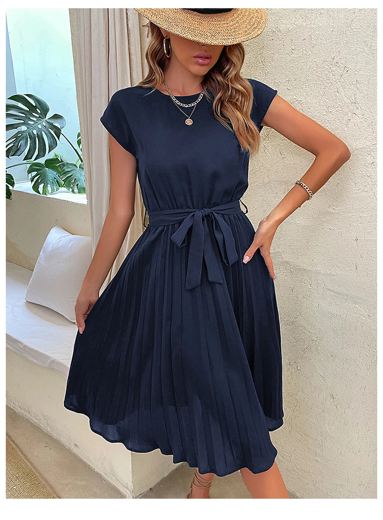 JIM & NORA Elegant Women Summer Casual Beach Sundress Short Sleeve Midi Dress Soild Colour O Neck Dresses Fashion
