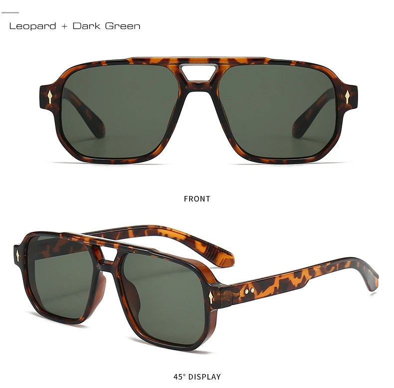 SO&EI Vintage Double Bridges Men Square Sunglasses Fashion Clear Ocean Lens Eyewear Women Trending Rivets Sun Glasses UV400