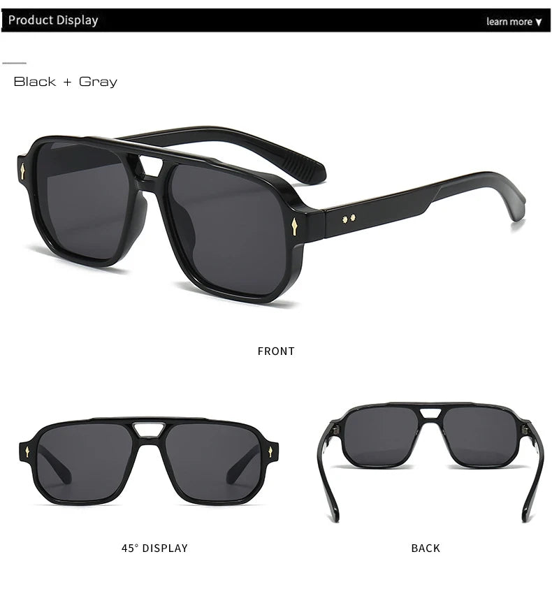 SO&EI Vintage Double Bridges Men Square Sunglasses Fashion Clear Ocean Lens Eyewear Women Trending Rivets Sun Glasses UV400