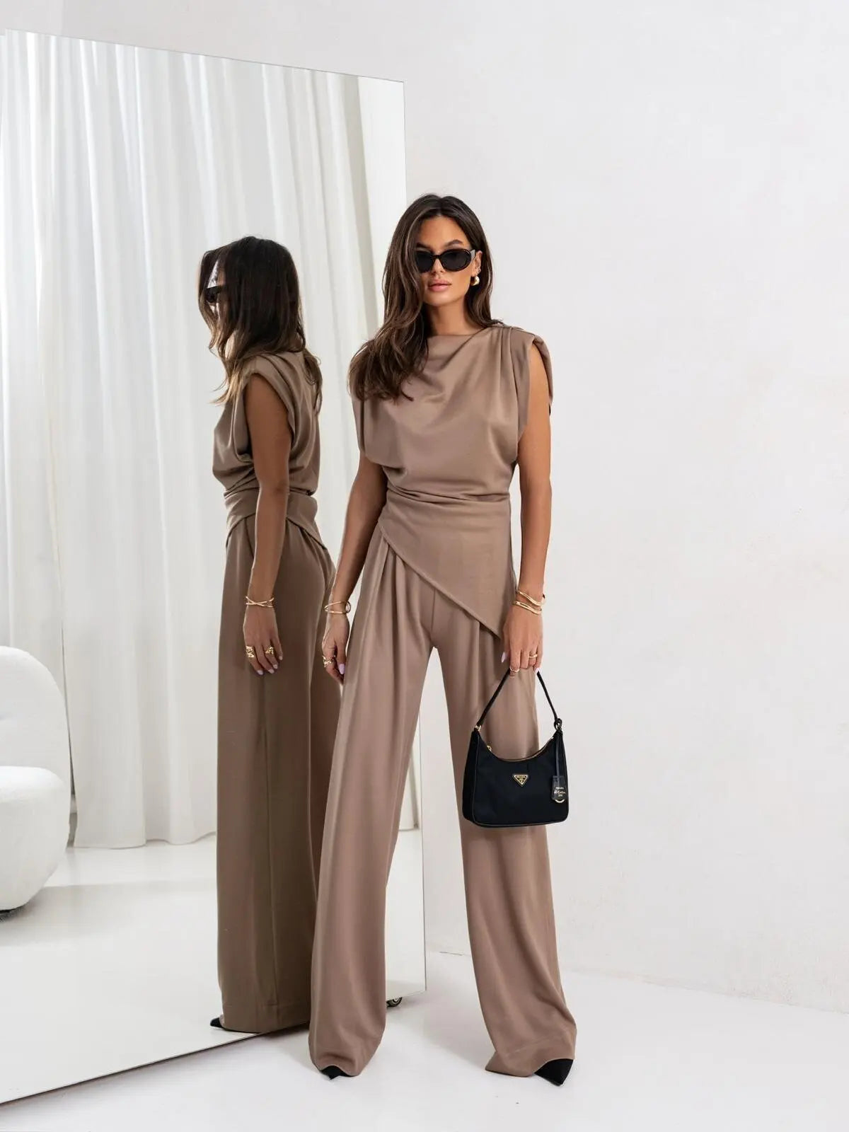 Summer Fashion Solid Two Piece Sets Women Elegant Slim Office Suit Casual Irregular Top And Wide Leg Pants 2 Piece Set Female
