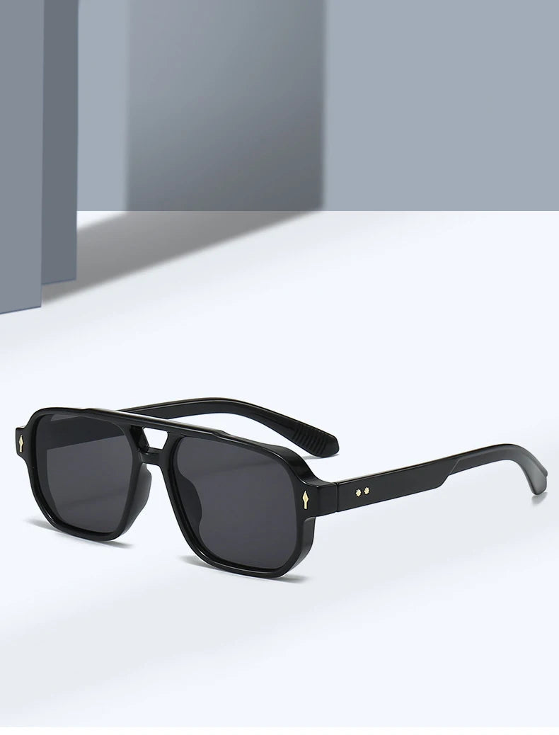 SO&EI Vintage Double Bridges Men Square Sunglasses Fashion Clear Ocean Lens Eyewear Women Trending Rivets Sun Glasses UV400