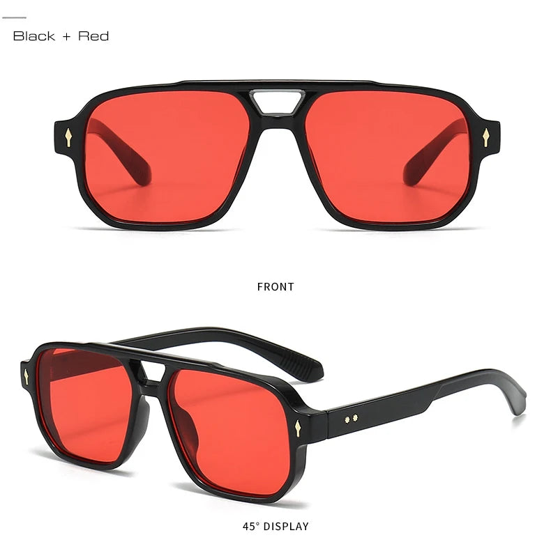 SO&EI Vintage Double Bridges Men Square Sunglasses Fashion Clear Ocean Lens Eyewear Women Trending Rivets Sun Glasses UV400