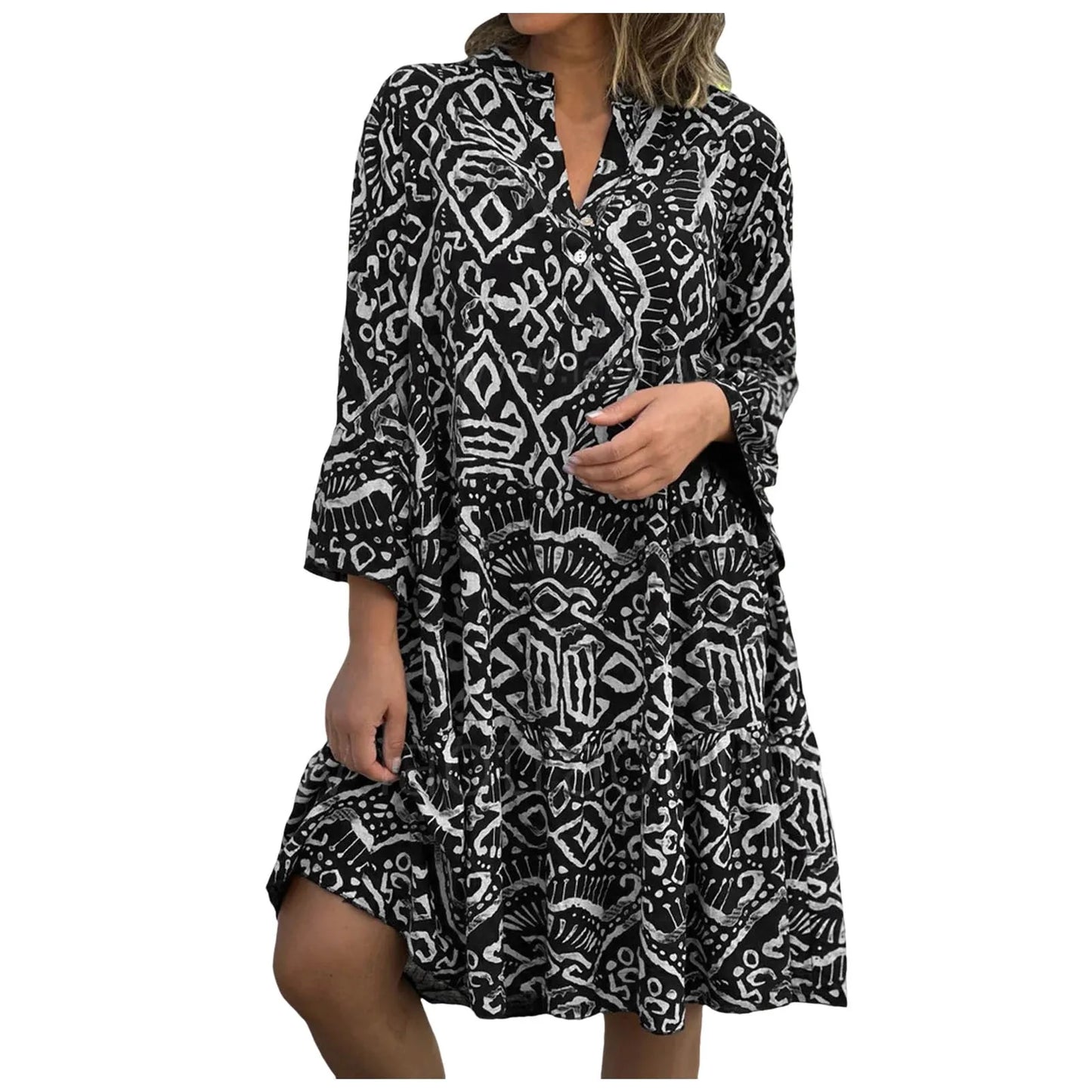 Women Floral Print Maxi Dress Fashion Casual V Neck Long Dress Plus Size Summer Boho Dress Ruffle Three Quarter Sleeves Dresses