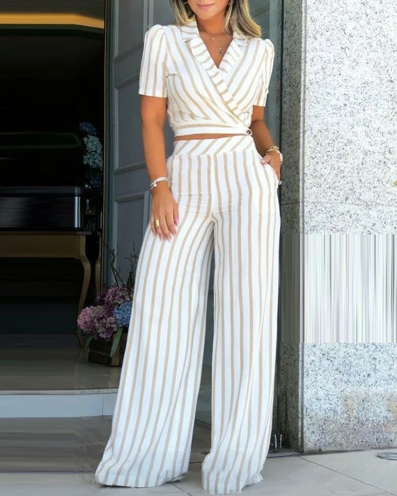Women Two Piece Set Fashion Striped Short Sleeve Lapel High Waist Top Wide Leg Loose Pants Sets Office Lady