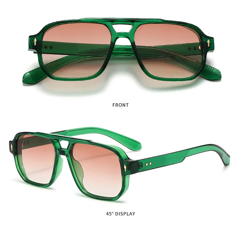SO&EI Vintage Double Bridges Men Square Sunglasses Fashion Clear Ocean Lens Eyewear Women Trending Rivets Sun Glasses UV400