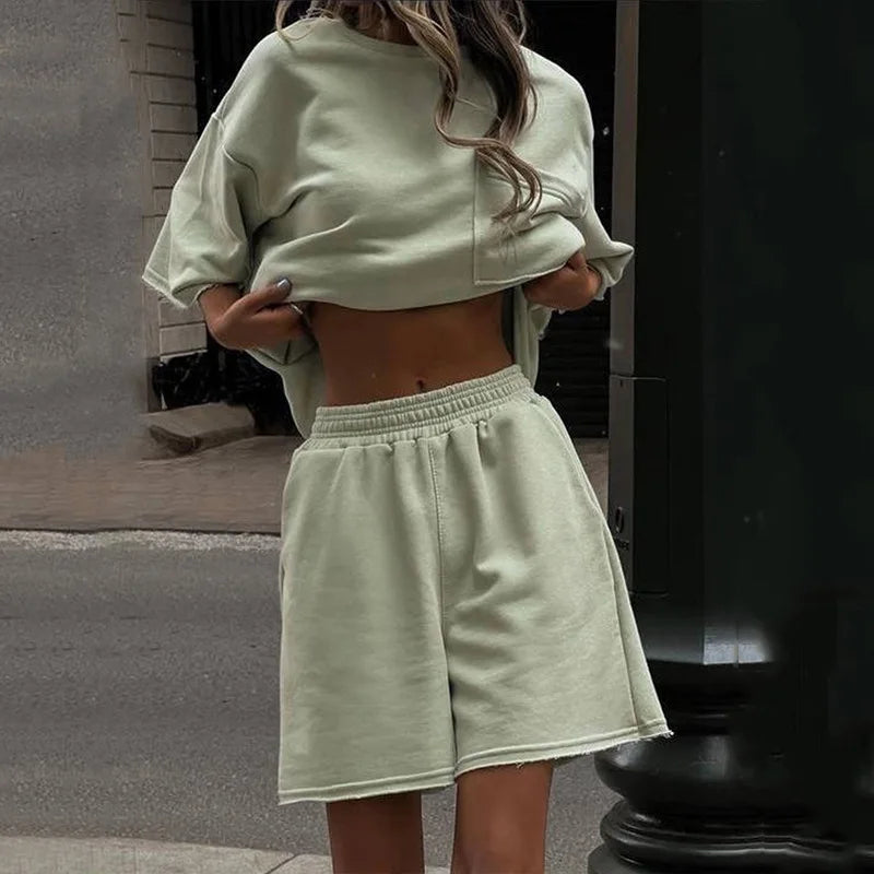 2024 Women's 2 Piece Set Summer Short Sleeve Round Neck Loose T-shirt Top Wide Leg Shorts Suit Two Piece Oversized Outfits