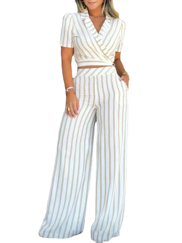Women Two Piece Set Fashion Striped Short Sleeve Lapel High Waist Top Wide Leg Loose Pants Sets Office Lady