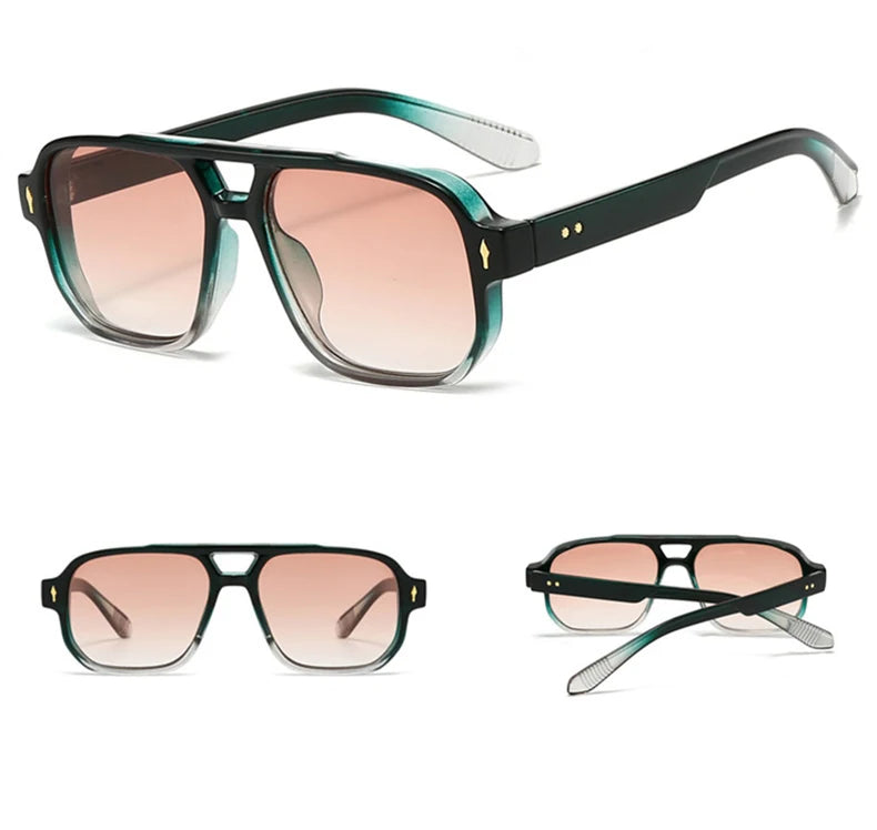 SO&EI Vintage Double Bridges Men Square Sunglasses Fashion Clear Ocean Lens Eyewear Women Trending Rivets Sun Glasses UV400
