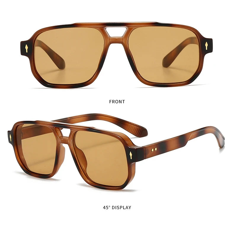 SO&EI Vintage Double Bridges Men Square Sunglasses Fashion Clear Ocean Lens Eyewear Women Trending Rivets Sun Glasses UV400