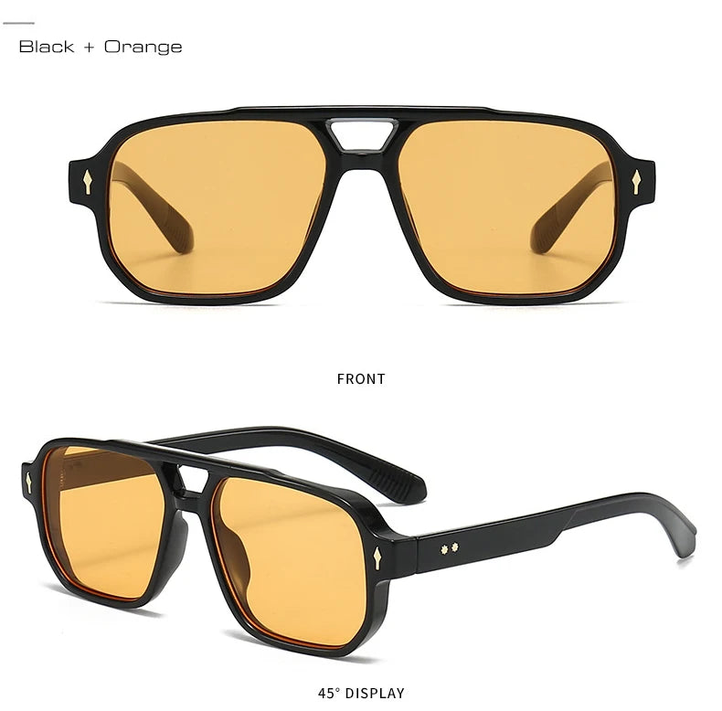 SO&EI Vintage Double Bridges Men Square Sunglasses Fashion Clear Ocean Lens Eyewear Women Trending Rivets Sun Glasses UV400