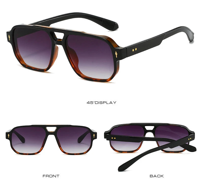 SO&EI Vintage Double Bridges Men Square Sunglasses Fashion Clear Ocean Lens Eyewear Women Trending Rivets Sun Glasses UV400