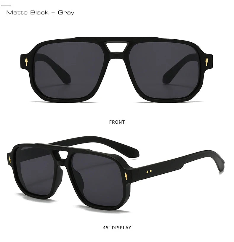 SO&EI Vintage Double Bridges Men Square Sunglasses Fashion Clear Ocean Lens Eyewear Women Trending Rivets Sun Glasses UV400