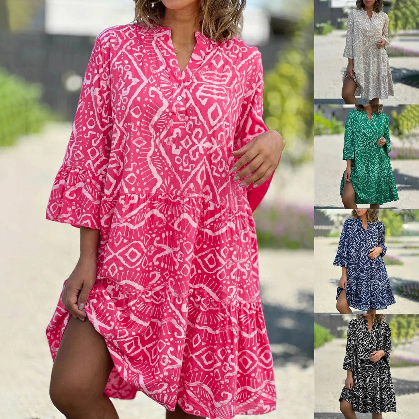 Women Floral Print Maxi Dress Fashion Casual V Neck Long Dress Plus Size Summer Boho Dress Ruffle Three Quarter Sleeves Dresses