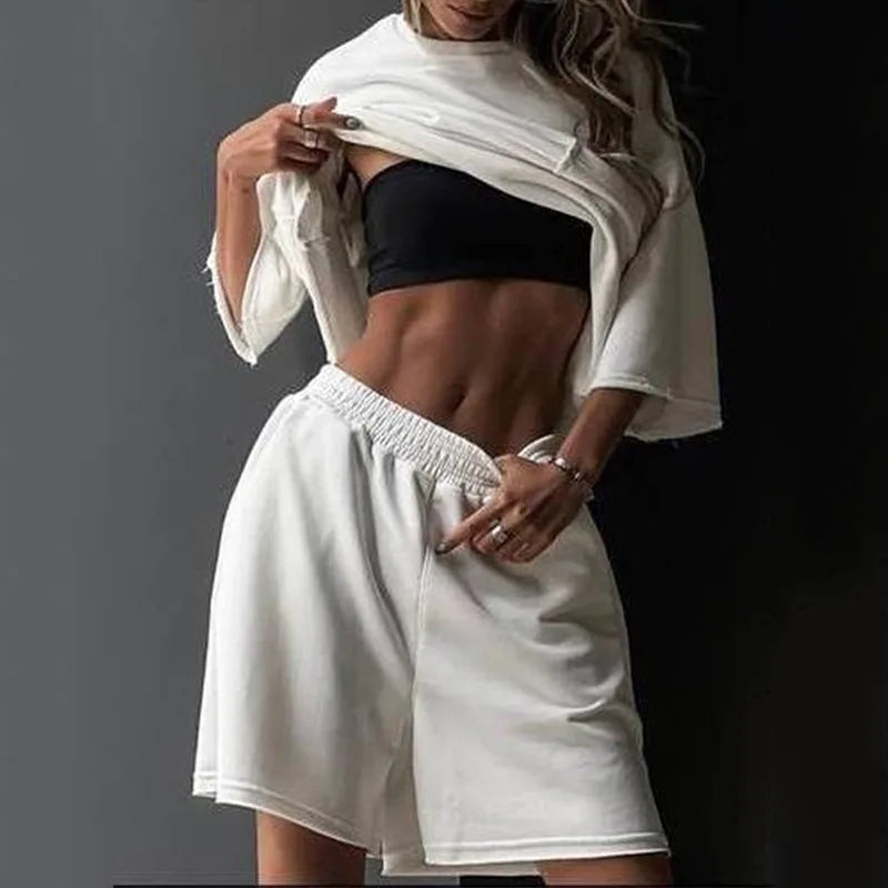 2024 Women's 2 Piece Set Summer Short Sleeve Round Neck Loose T-shirt Top Wide Leg Shorts Suit Two Piece Oversized Outfits
