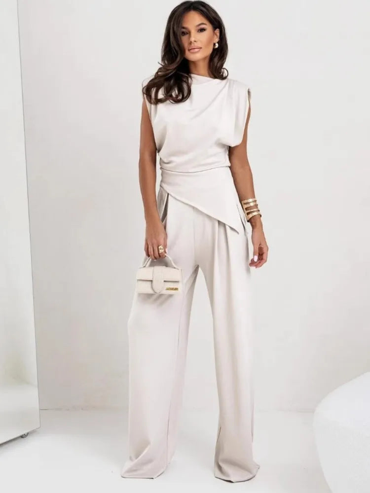 Summer Fashion Solid Two Piece Sets Women Elegant Slim Office Suit Casual Irregular Top And Wide Leg Pants 2 Piece Set Female