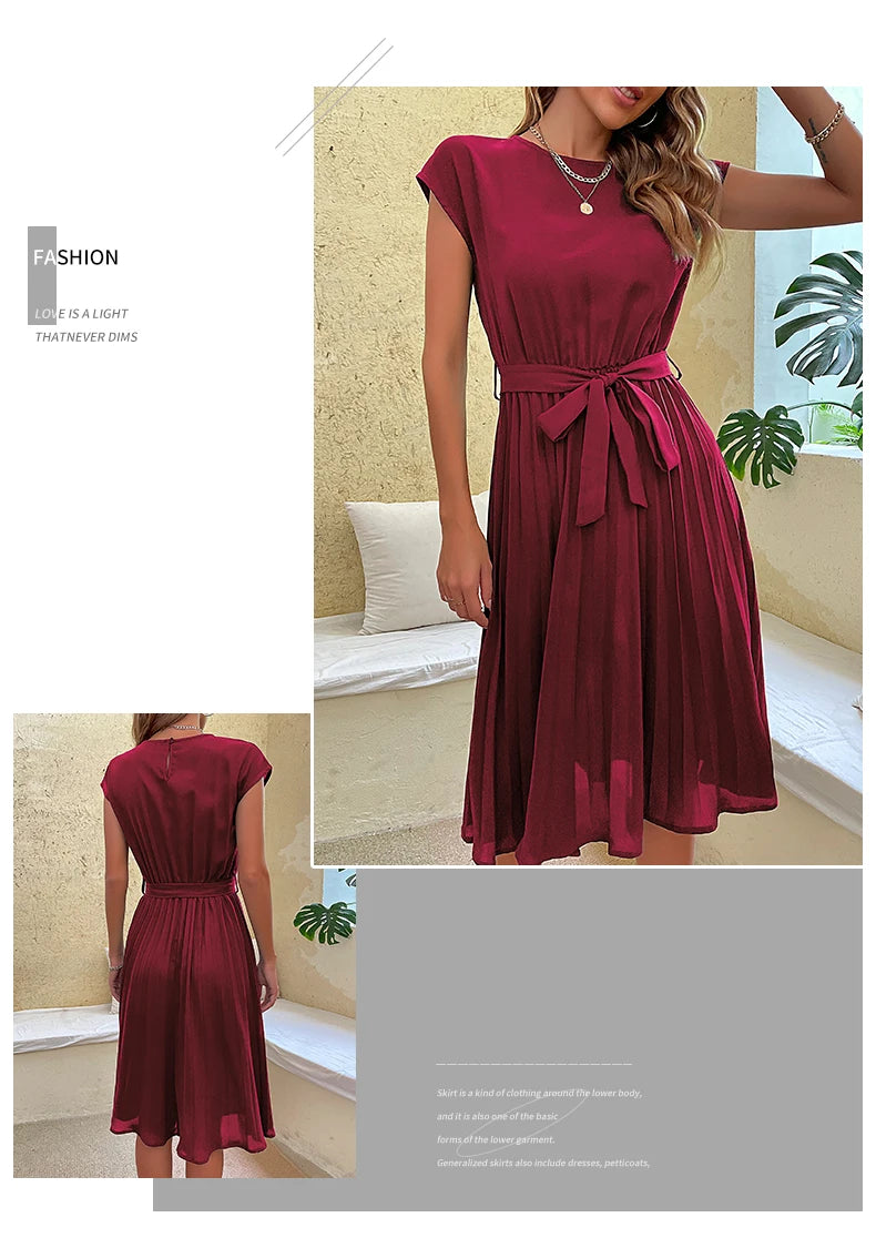 JIM & NORA Elegant Women Summer Casual Beach Sundress Short Sleeve Midi Dress Soild Colour O Neck Dresses Fashion