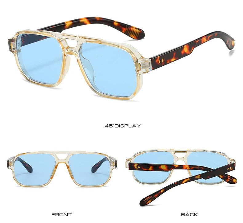 SO&EI Vintage Double Bridges Men Square Sunglasses Fashion Clear Ocean Lens Eyewear Women Trending Rivets Sun Glasses UV400