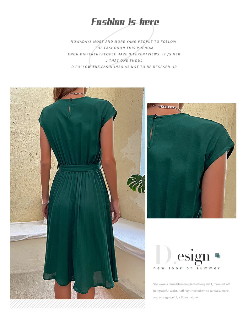 JIM & NORA Elegant Women Summer Casual Beach Sundress Short Sleeve Midi Dress Soild Colour O Neck Dresses Fashion