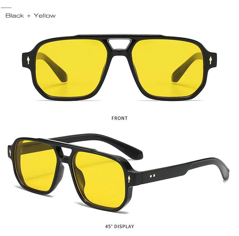 SO&EI Vintage Double Bridges Men Square Sunglasses Fashion Clear Ocean Lens Eyewear Women Trending Rivets Sun Glasses UV400