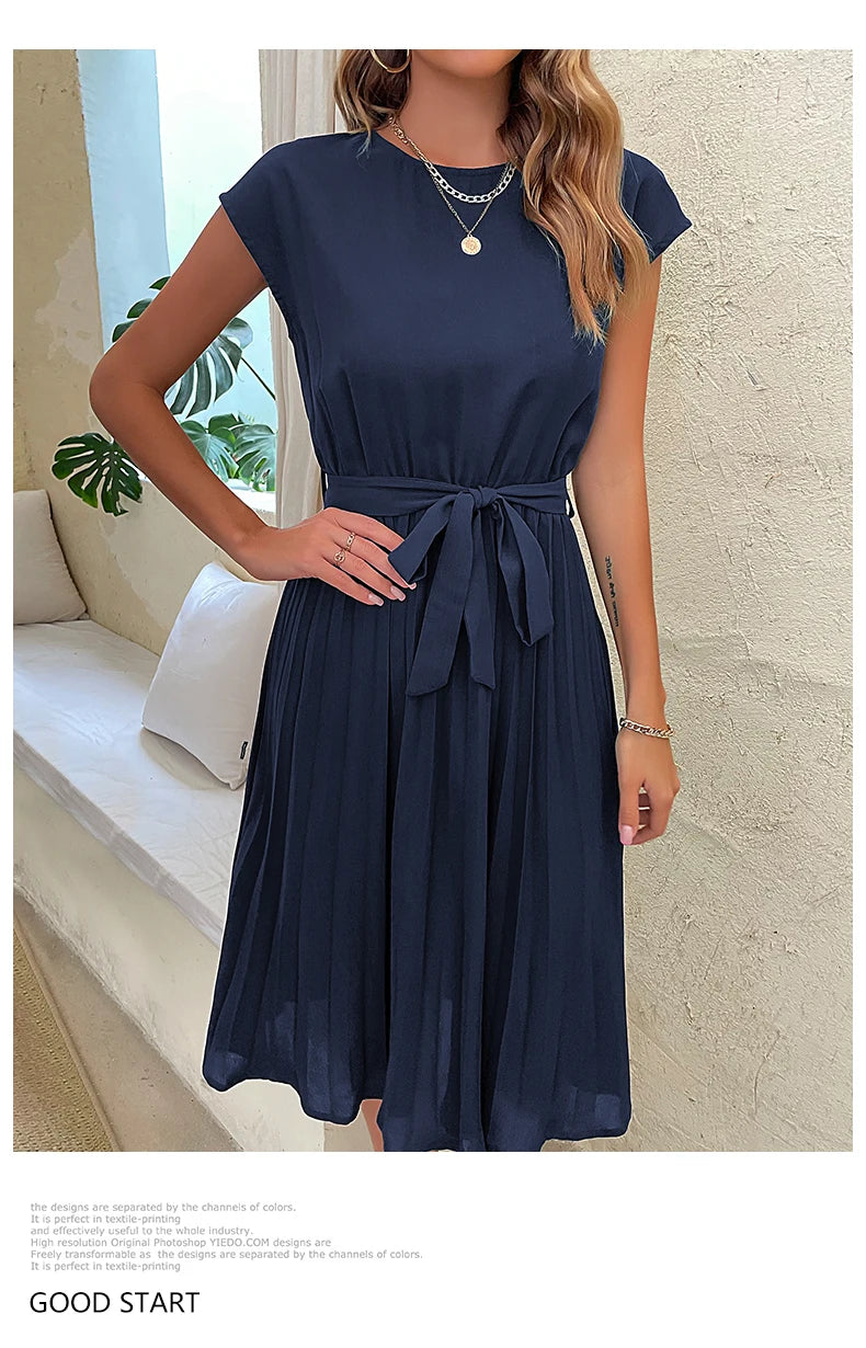 JIM & NORA Elegant Women Summer Casual Beach Sundress Short Sleeve Midi Dress Soild Colour O Neck Dresses Fashion