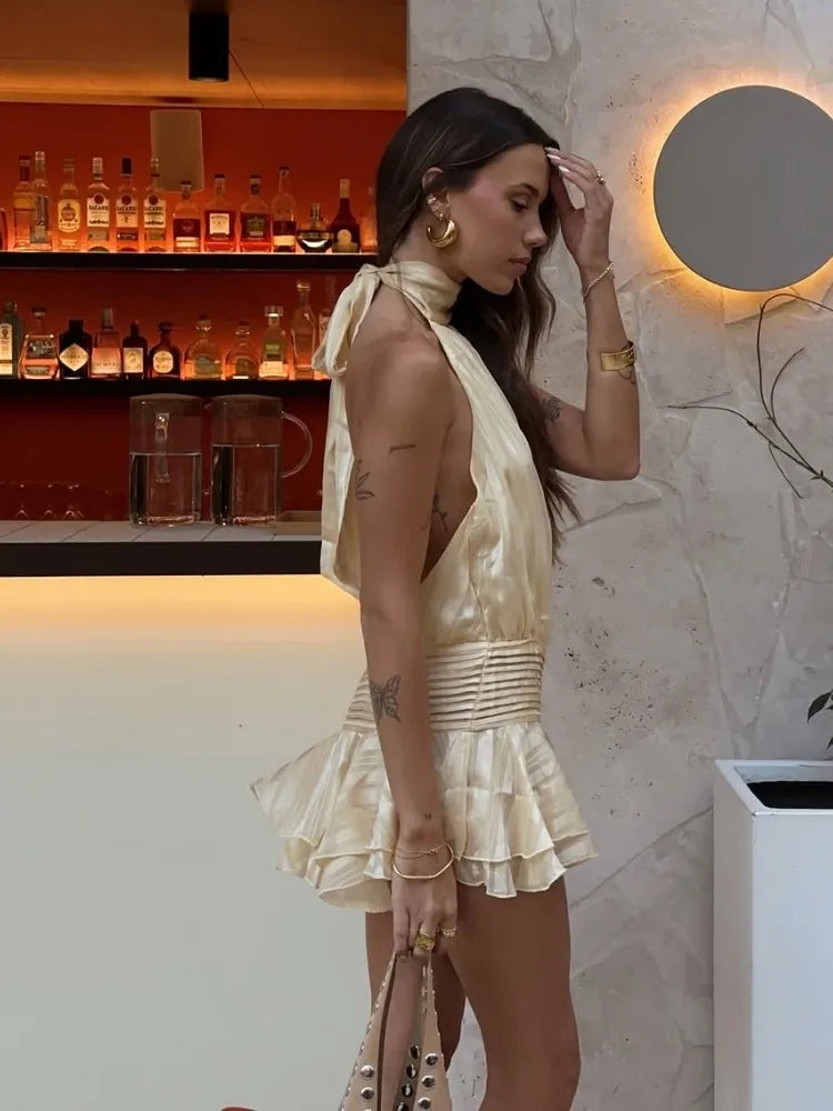 Strap Backless Halter Dress Hanging Neck Bow Lace Up Waist Cinching Vest Beach Pleated Short Dresses Baggy Chiffon Shirt Gown