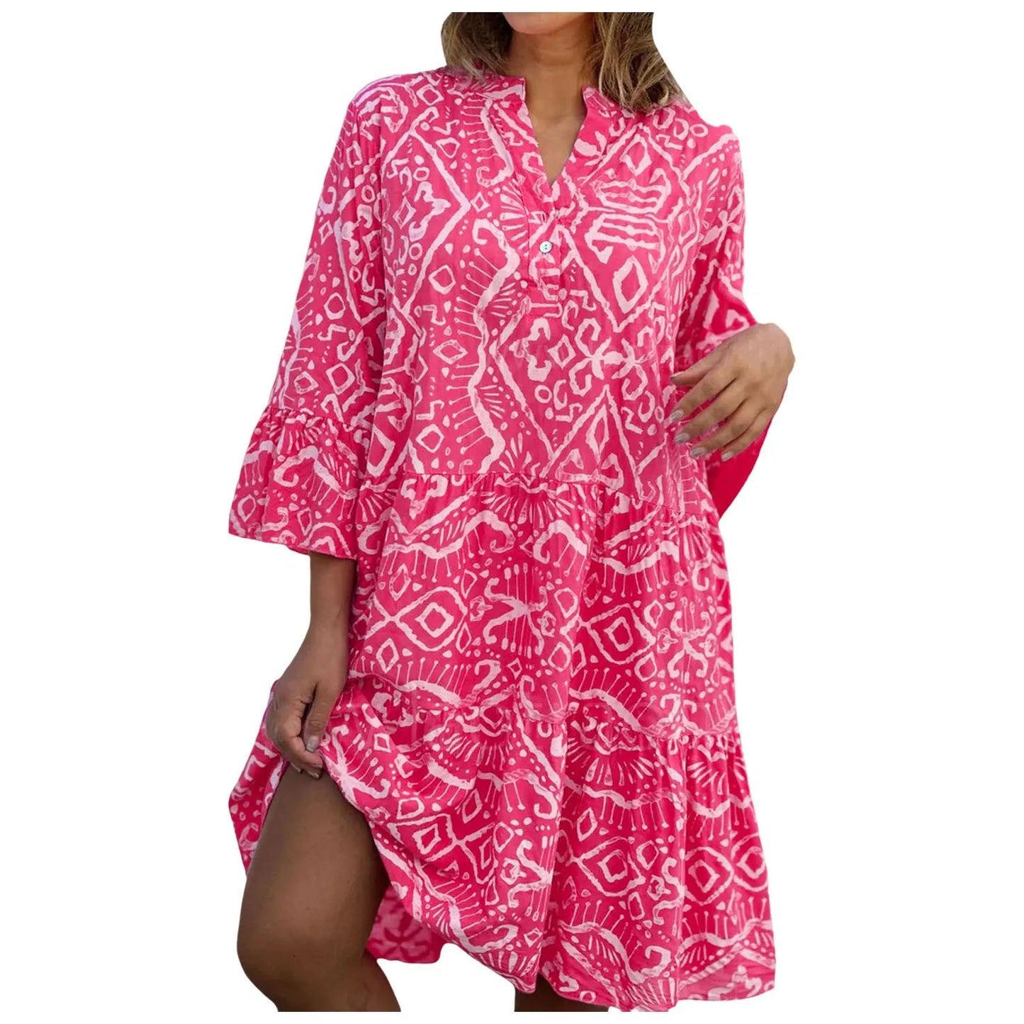 Women Floral Print Maxi Dress Fashion Casual V Neck Long Dress Plus Size Summer Boho Dress Ruffle Three Quarter Sleeves Dresses