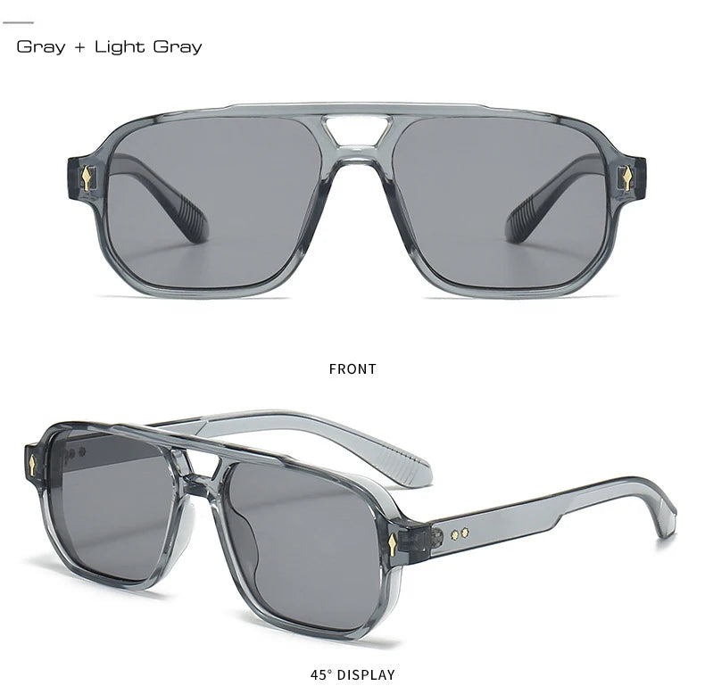 SO&EI Vintage Double Bridges Men Square Sunglasses Fashion Clear Ocean Lens Eyewear Women Trending Rivets Sun Glasses UV400