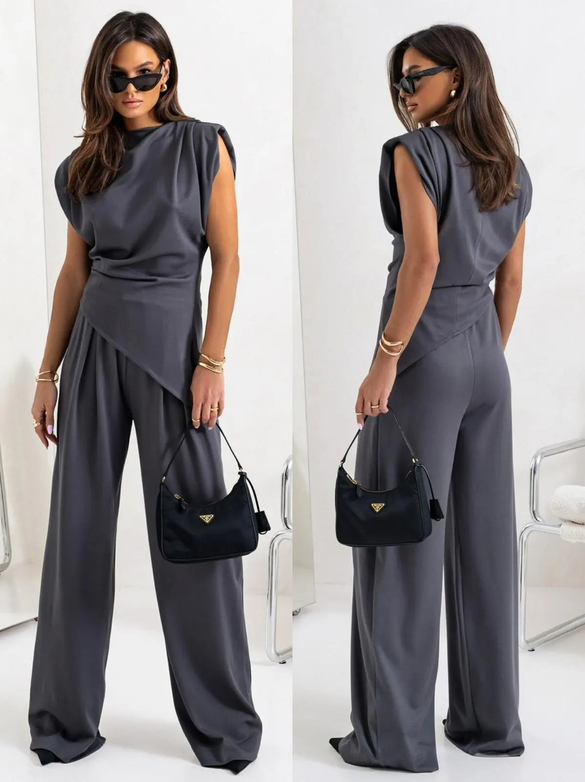 Summer Fashion Solid Two Piece Sets Women Elegant Slim Office Suit Casual Irregular Top And Wide Leg Pants 2 Piece Set Female