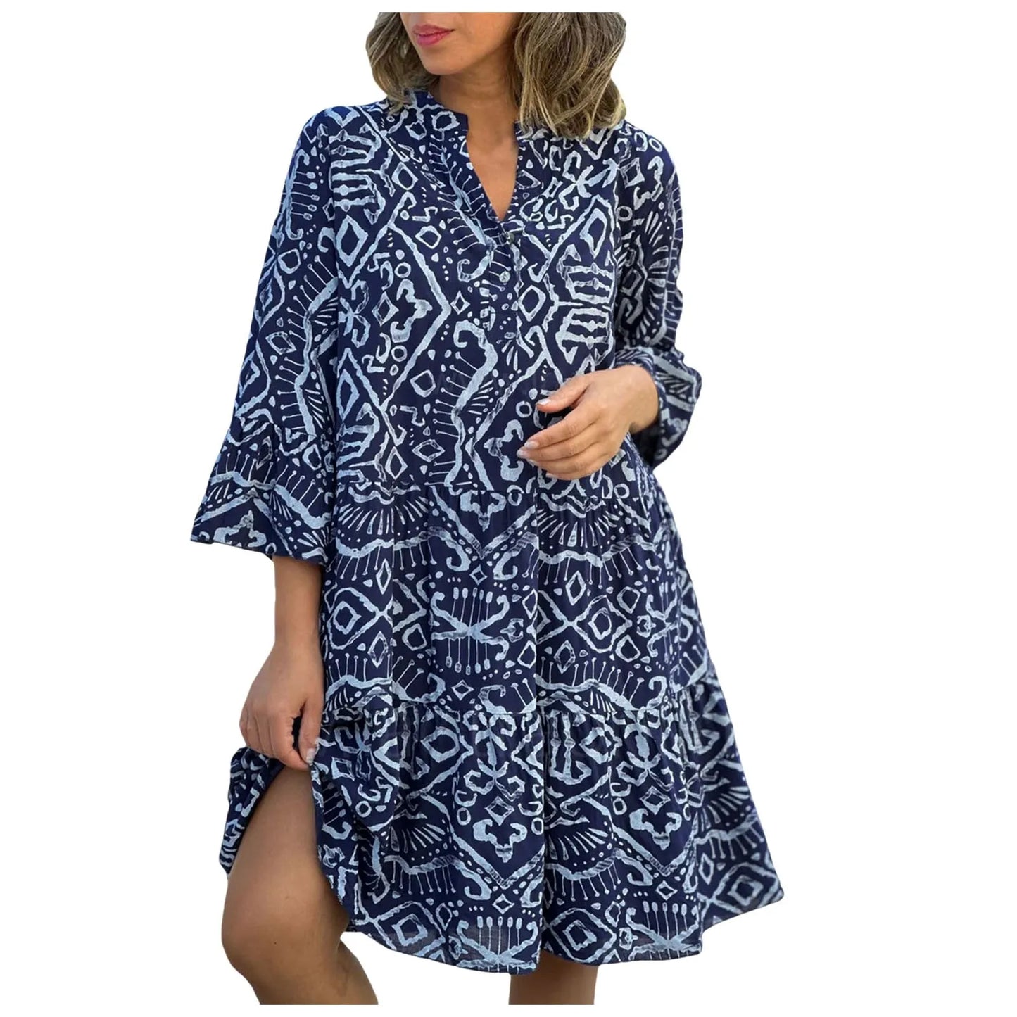 Women Floral Print Maxi Dress Fashion Casual V Neck Long Dress Plus Size Summer Boho Dress Ruffle Three Quarter Sleeves Dresses