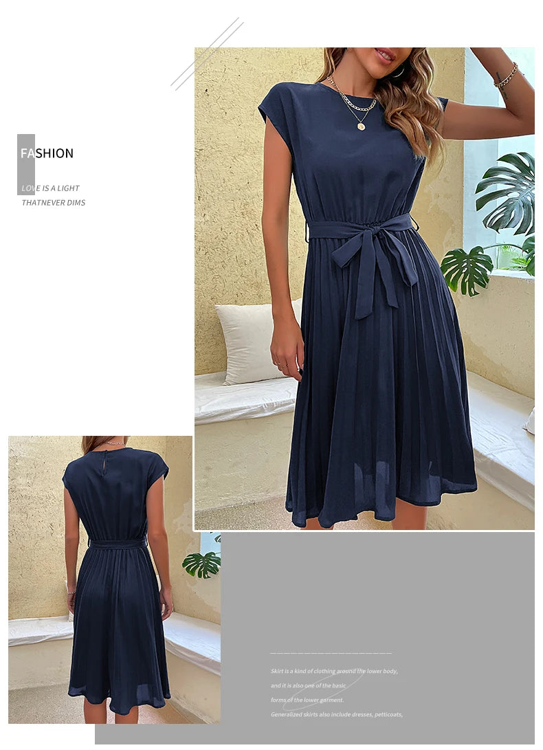 JIM & NORA Elegant Women Summer Casual Beach Sundress Short Sleeve Midi Dress Soild Colour O Neck Dresses Fashion