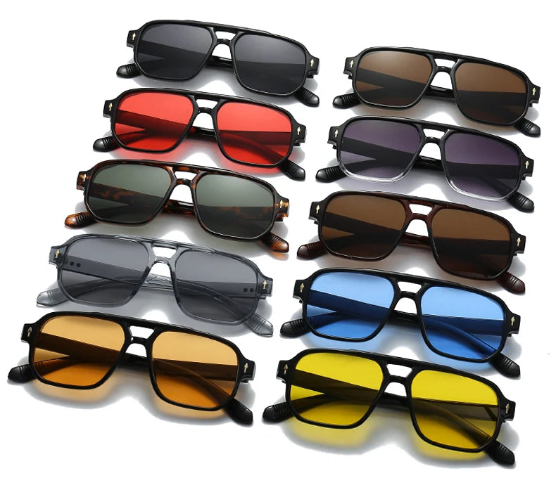 SO&EI Vintage Double Bridges Men Square Sunglasses Fashion Clear Ocean Lens Eyewear Women Trending Rivets Sun Glasses UV400