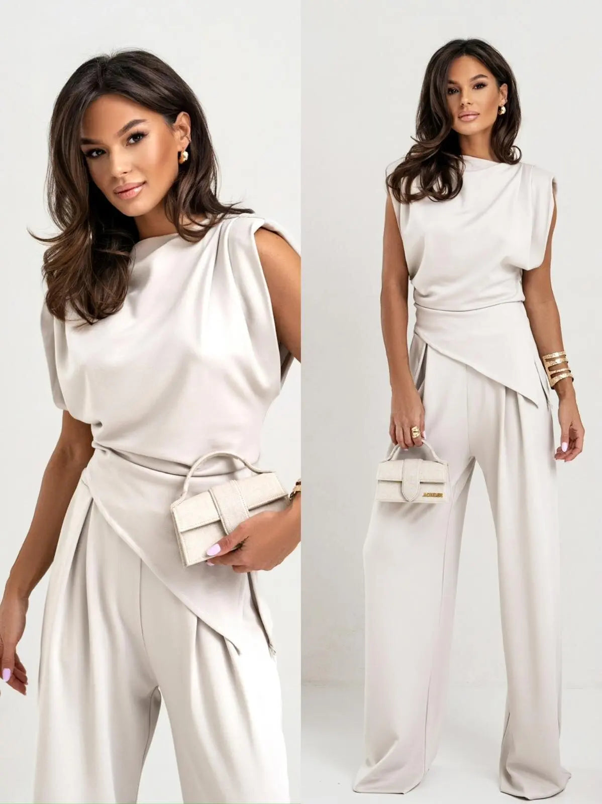 Summer Fashion Solid Two Piece Sets Women Elegant Slim Office Suit Casual Irregular Top And Wide Leg Pants 2 Piece Set Female