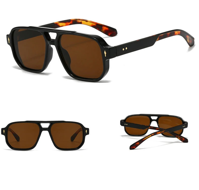 SO&EI Vintage Double Bridges Men Square Sunglasses Fashion Clear Ocean Lens Eyewear Women Trending Rivets Sun Glasses UV400