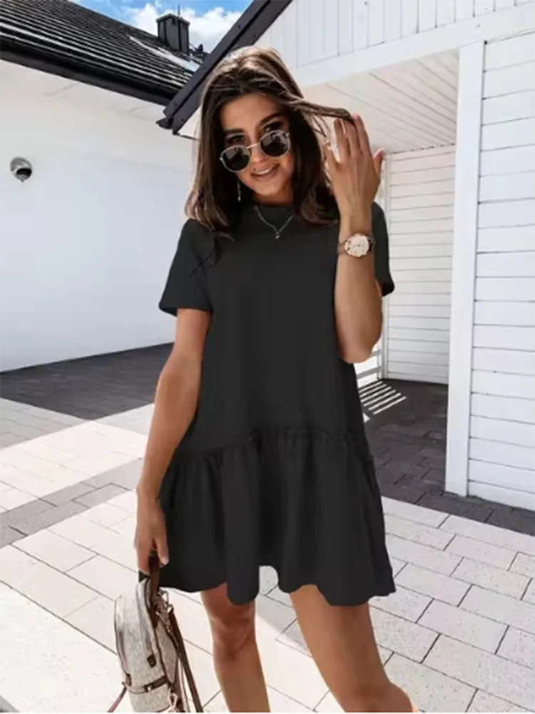 Fashion Ruffled Short Sleeve Dress Women Solid Color Round Neck Mini Dresses Summer Y2K Dress