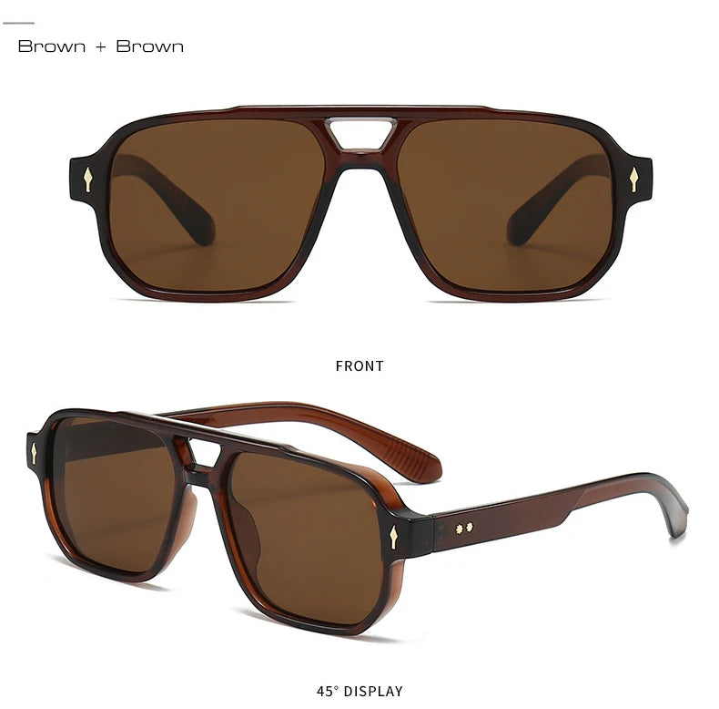 SO&EI Vintage Double Bridges Men Square Sunglasses Fashion Clear Ocean Lens Eyewear Women Trending Rivets Sun Glasses UV400