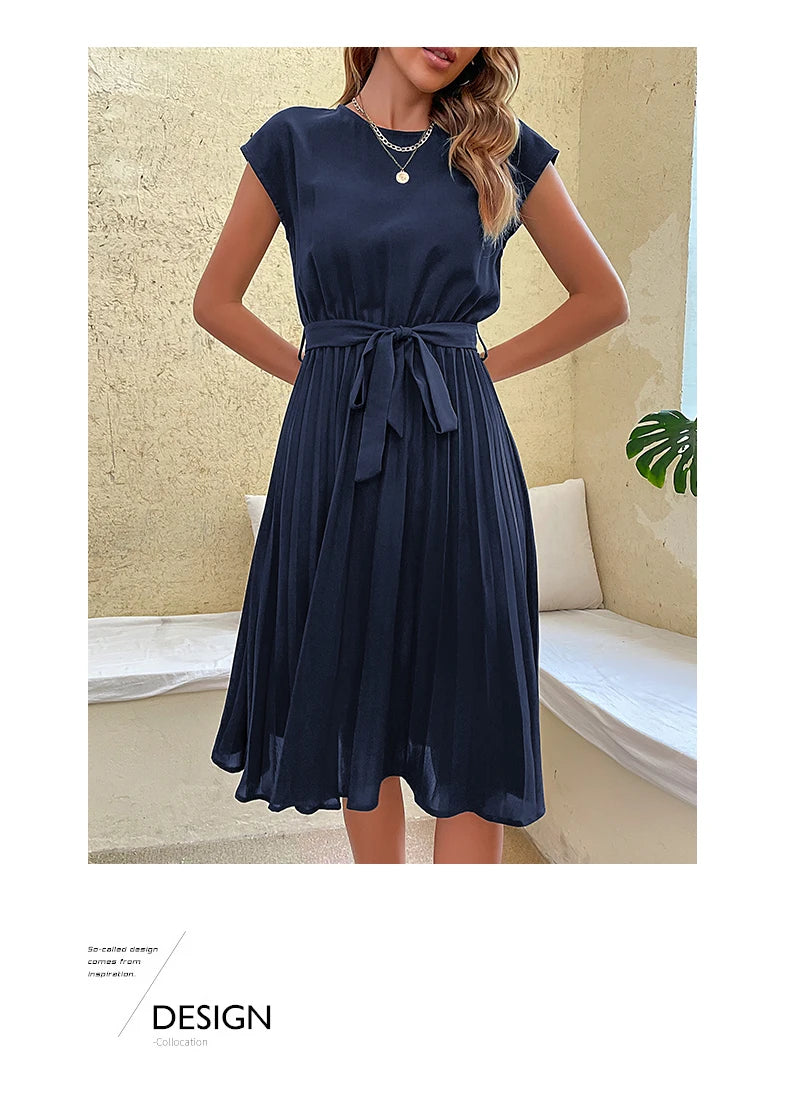 JIM & NORA Elegant Women Summer Casual Beach Sundress Short Sleeve Midi Dress Soild Colour O Neck Dresses Fashion