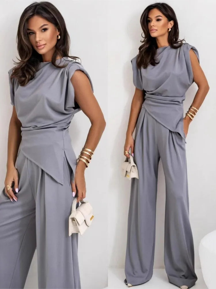 Summer Fashion Solid Two Piece Sets Women Elegant Slim Office Suit Casual Irregular Top And Wide Leg Pants 2 Piece Set Female