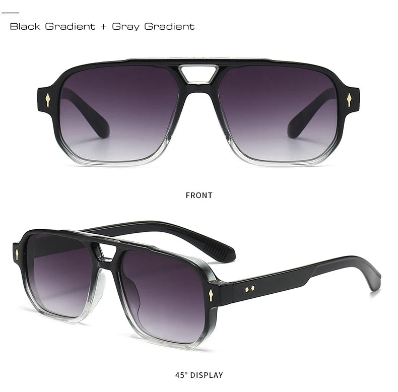 SO&EI Vintage Double Bridges Men Square Sunglasses Fashion Clear Ocean Lens Eyewear Women Trending Rivets Sun Glasses UV400
